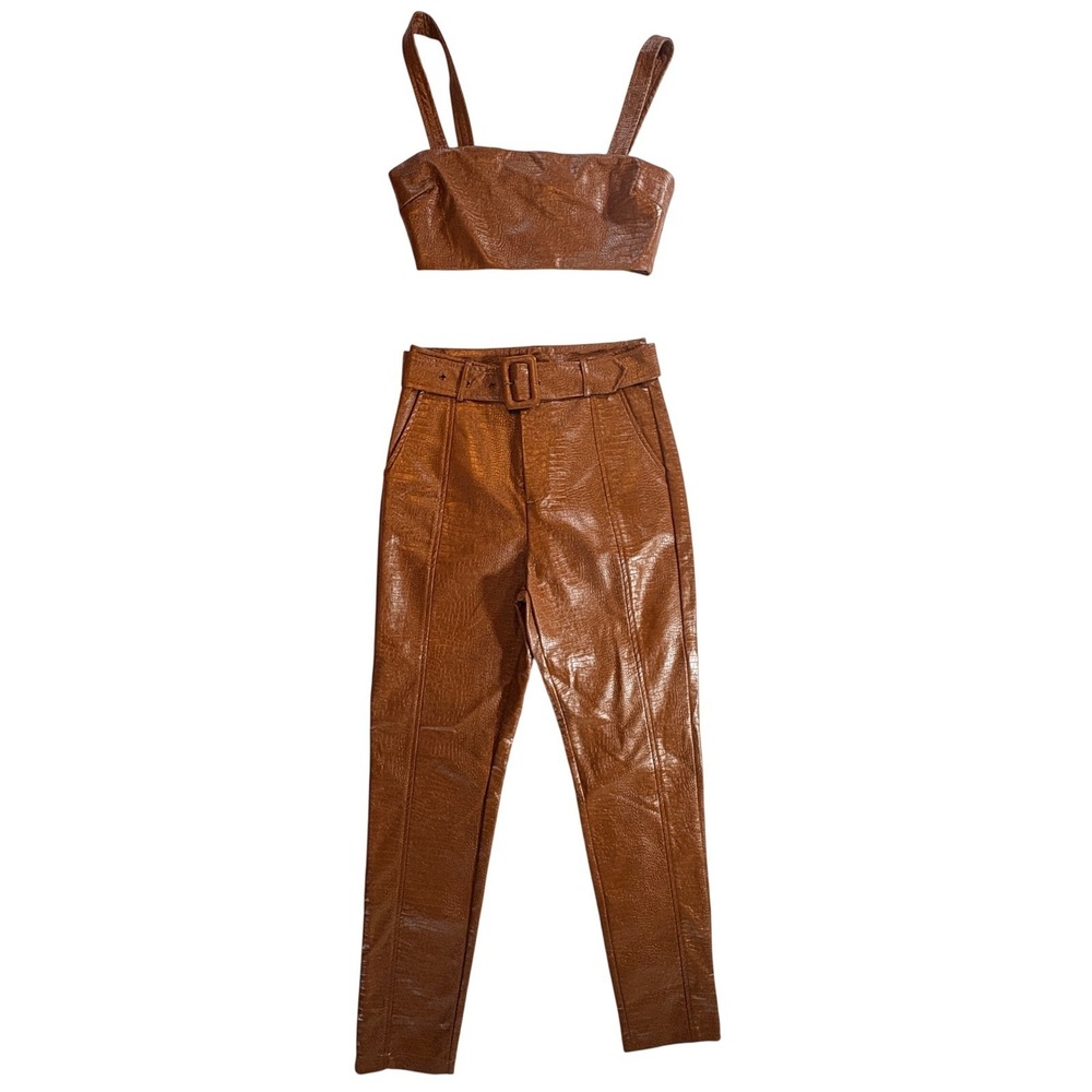 Windsor Faux Leather Croc Set Womens‎ Small Brown 2 Piece Crop Top Belted Pants